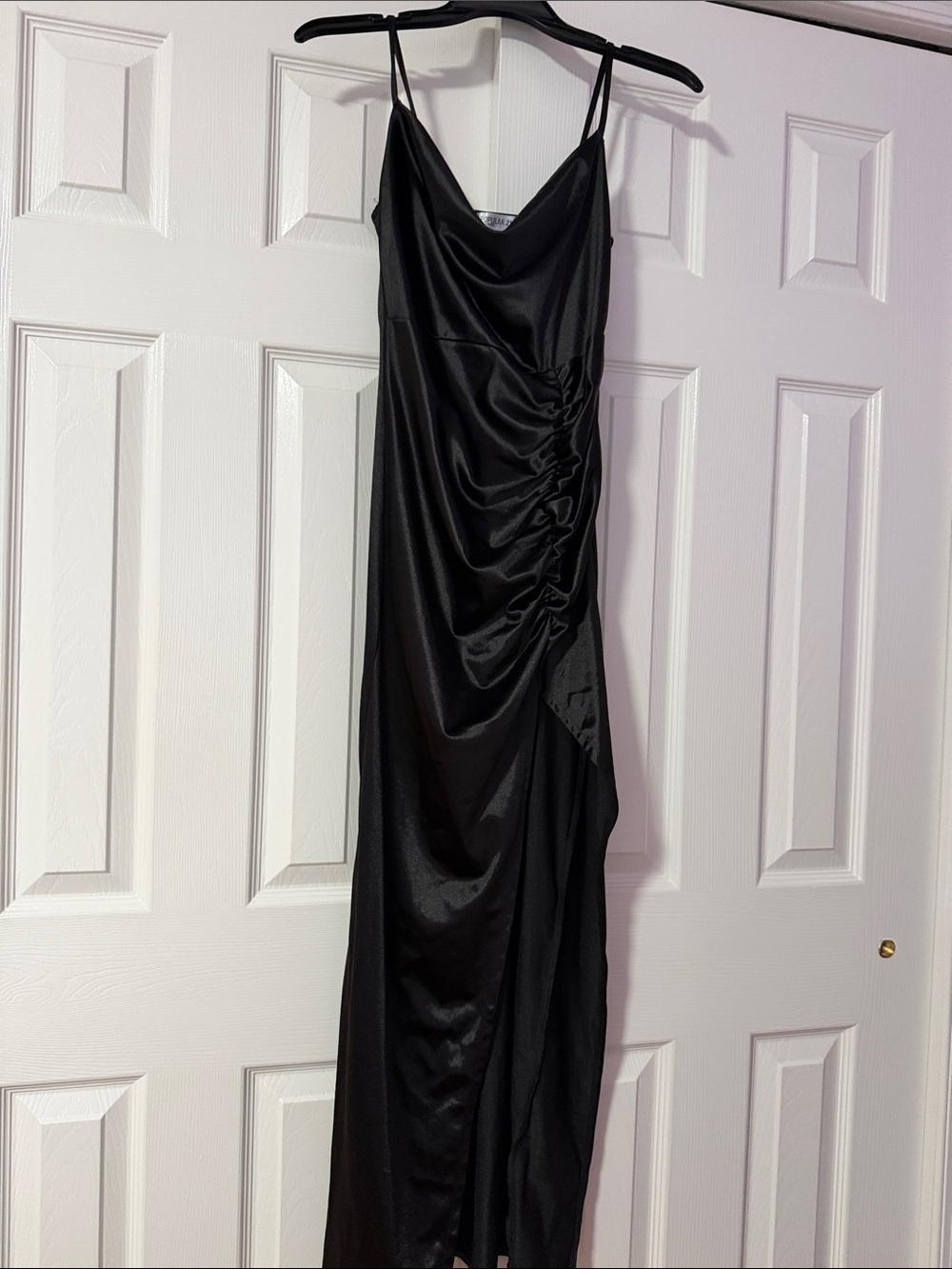 Black Satin Cowl Neck Slip Dress with Side Ruching